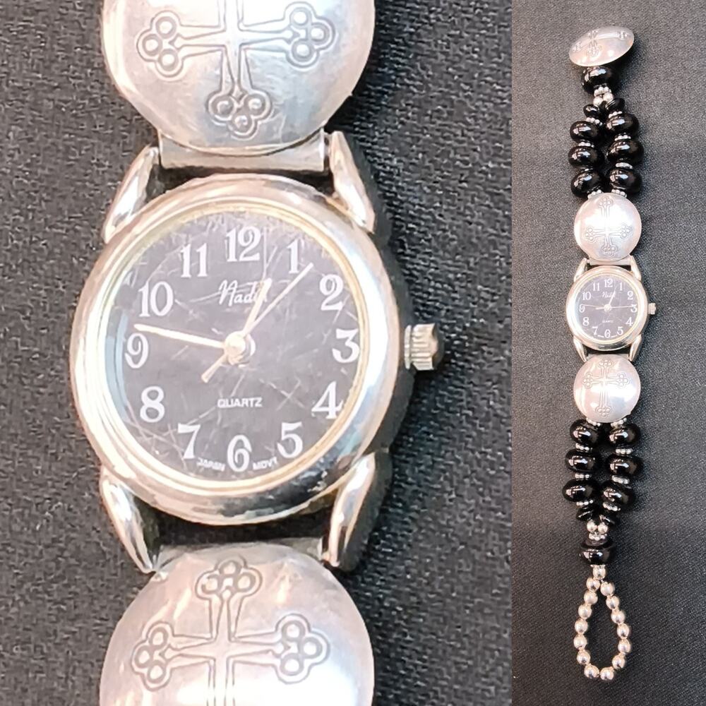 Nadia Women's Watch Black Round Face Black/Silver Bead & Concho Band #W5149